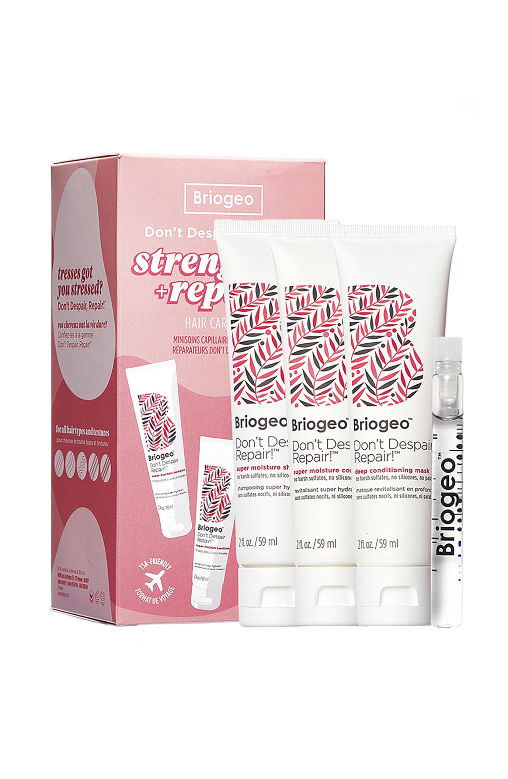 Briogeo Don't Despair, Repair! Strenthen + Repair Minis Kit, Repairs Dry, Damaged or Color Treated Hair,Travel Kit, Strengthens Hair, Hydrates Dry Hair, Vegan, Cruelty-Free, 4-Piece Set
